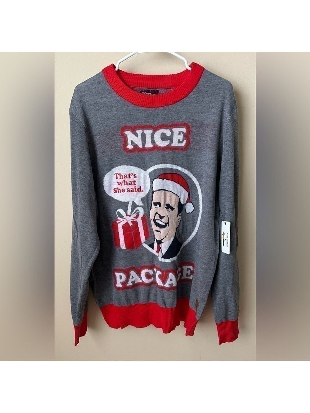 Tipsy Elves Men's Nice Package Michael Scott Sweater (Size XL, Gray/Red)